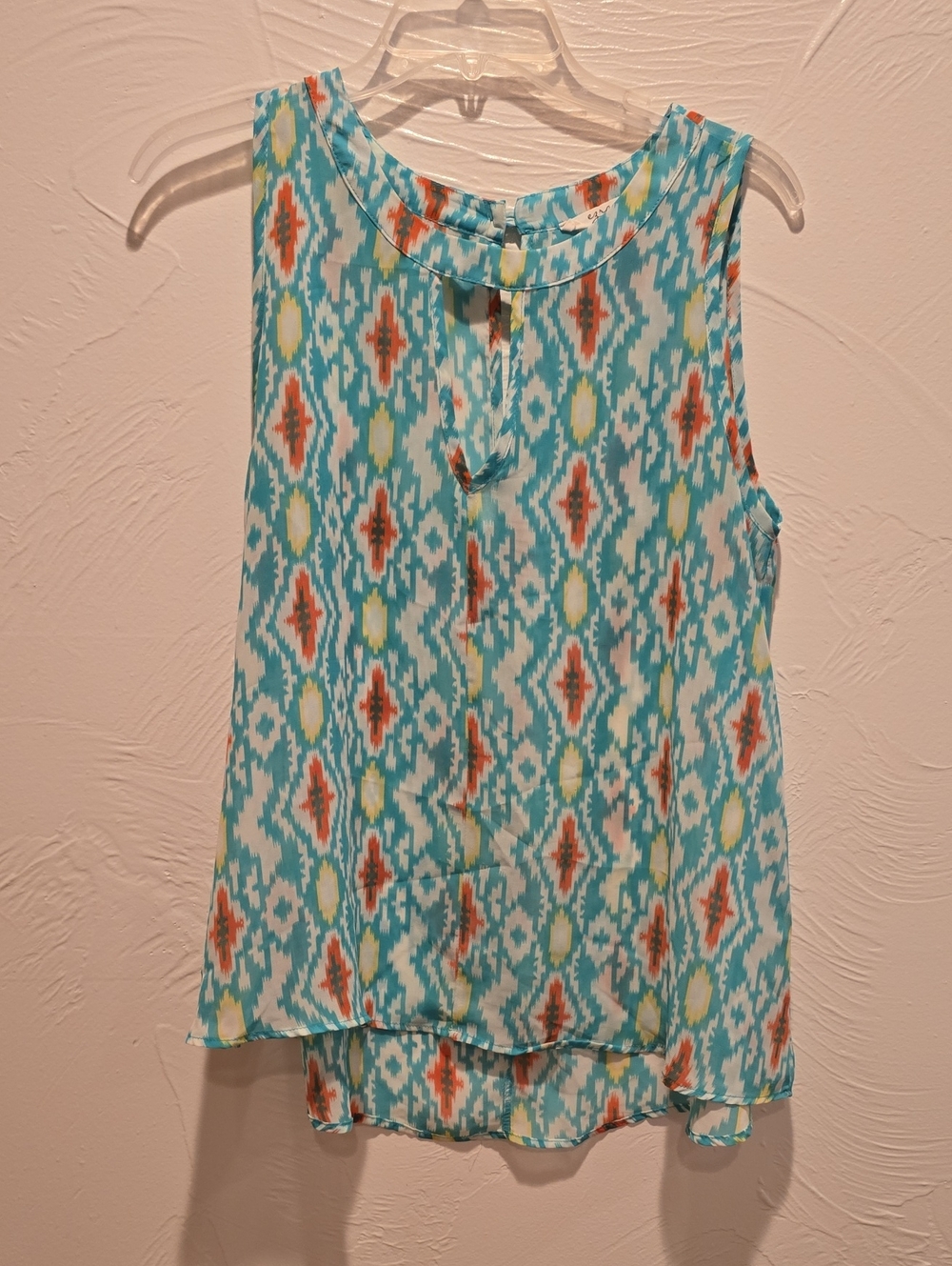 Ezra Turquoise Ikat Print Sleeveless Blouse with Coral and Lime Accents